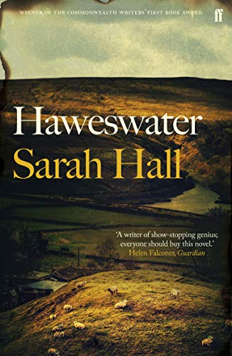 Book cover for Haweswater by Sarah Hall featuring a rural landscape with grazing sheep.