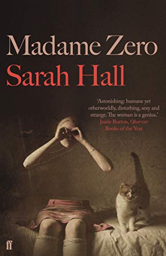 Book cover: woman with binoculars, cat, and faded floral background.