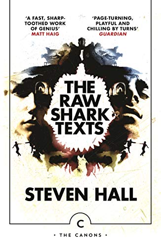 Book cover for The Raw Shark Texts featuring a symmetrical inkblot shark design.