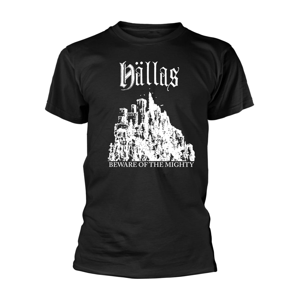 Black t-shirt with white gothic lettering and castle illustration.