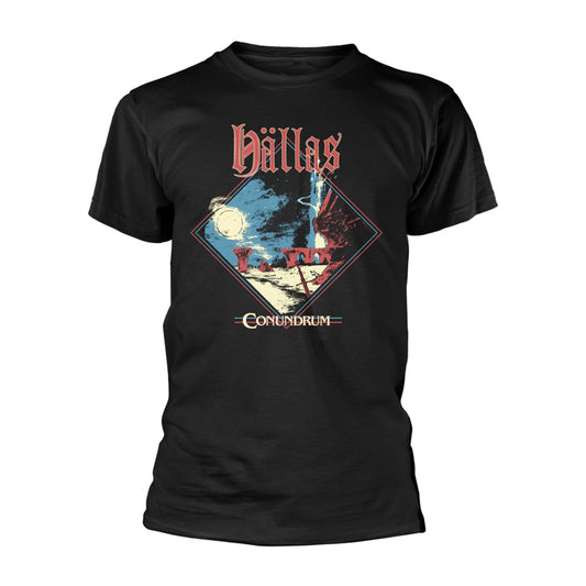 Black t-shirt with a graphic of a diamond and the band Hallas logo.