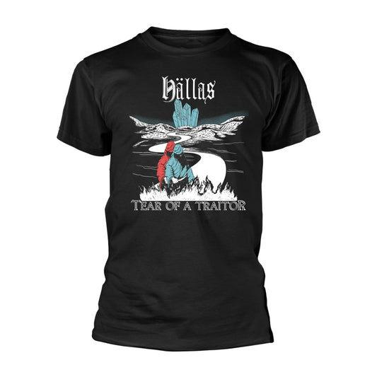 Black t-shirt with a stylized illustration of a figure and crystals.