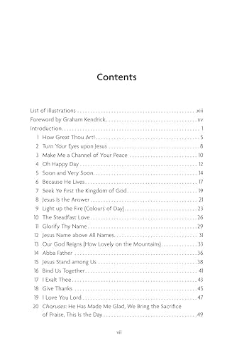 Book's table of contents listing contemporary worship song titles and page numbers.