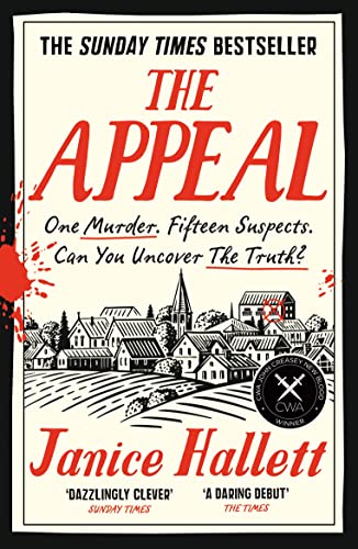 Book cover for The Appeal by Janice Hallett featuring a village illustration and blood splatters.
