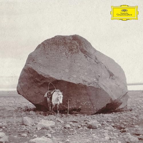 Black and white album cover featuring a large rock and a horse.