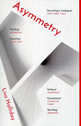 Book cover for "Asymmetry" with abstract white lines on a red background.