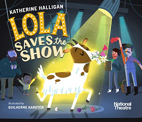 Book cover: a spotted cow on stage with surprised theatre staff.