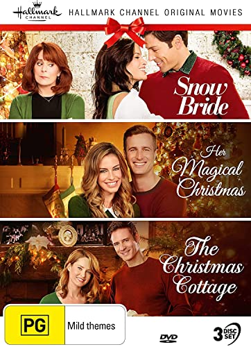 Hallmark Christmas DVD cover with three romantic movie scenes and festive decor.