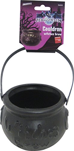 Black plastic cauldron with handle and embossed "Witches Brew" text.
