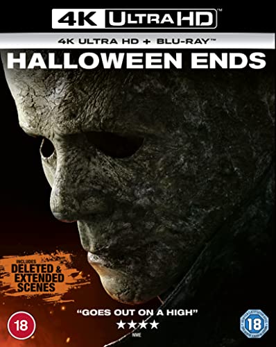 Close-up of Michael Myers' weathered mask on the Halloween Ends 4K Blu-ray cover.