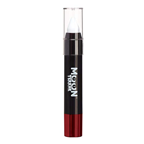 A white face paint crayon in a black tube with a clear cap.