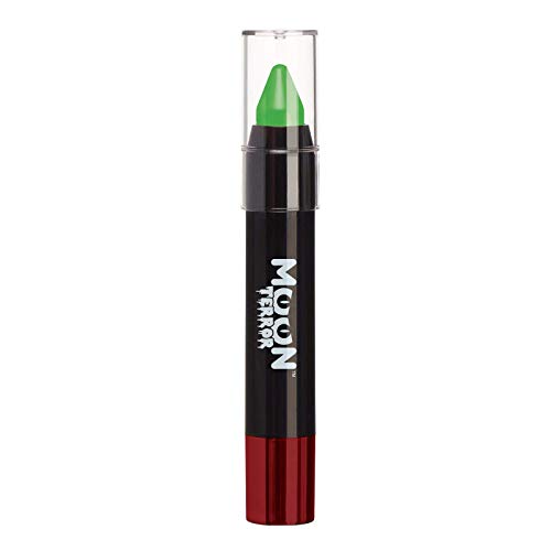 A green face paint crayon in a black tube with a clear cap.