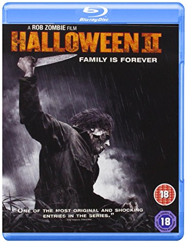 Halloween II" Blu-ray cover featuring Michael Myers with a knife in rain.
