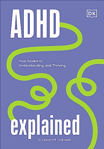Book cover titled ADHD Explained with a winding green line on a purple background.