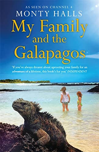 Book cover: family on beach with marine iguana in foreground.