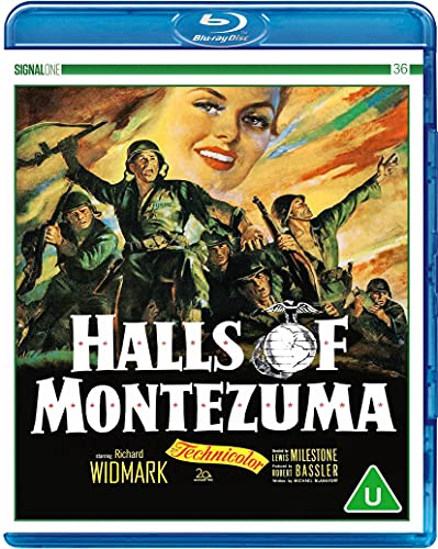 Blu-ray cover art for Halls of Montezuma featuring soldiers in combat and a woman's face.
