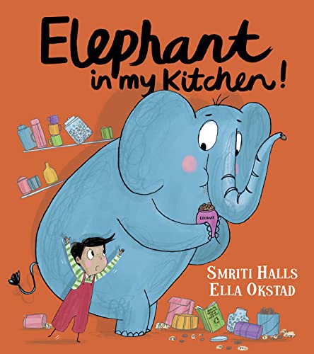 Book cover: a blue elephant in a kitchen with a young boy.