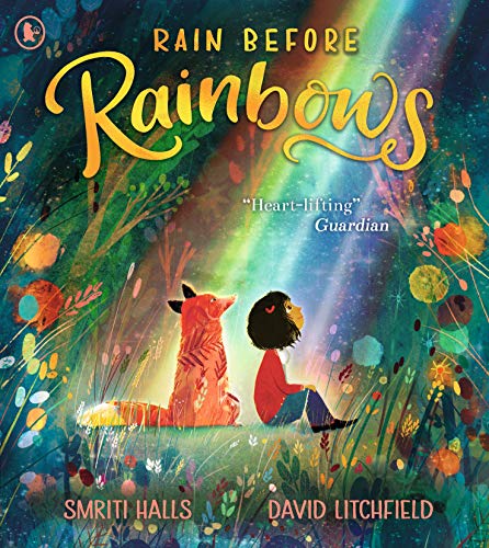 Book cover: child and fox silhouetted against a rainbow and wildflowers.