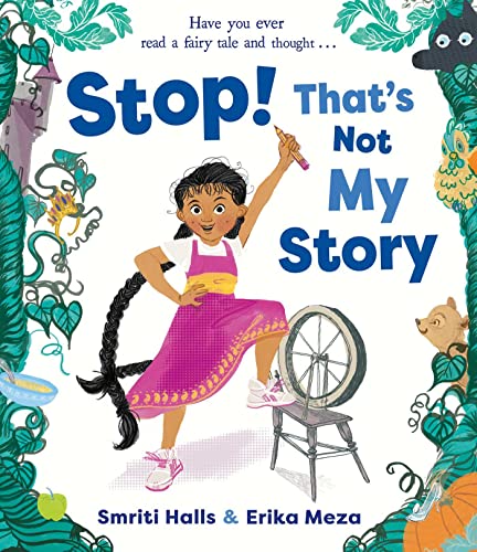 A girl with a long braid holds a pencil beside a spinning wheel.