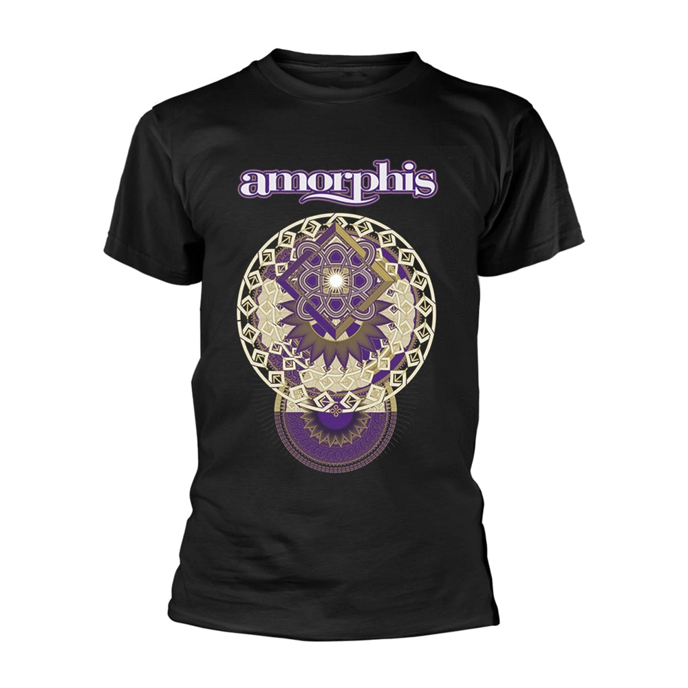 Black t-shirt with a purple and gold geometric design and "amorphis" text.