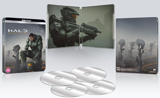 Halo Season 2 UHD Steelbook with discs, featuring Master Chief artwork.