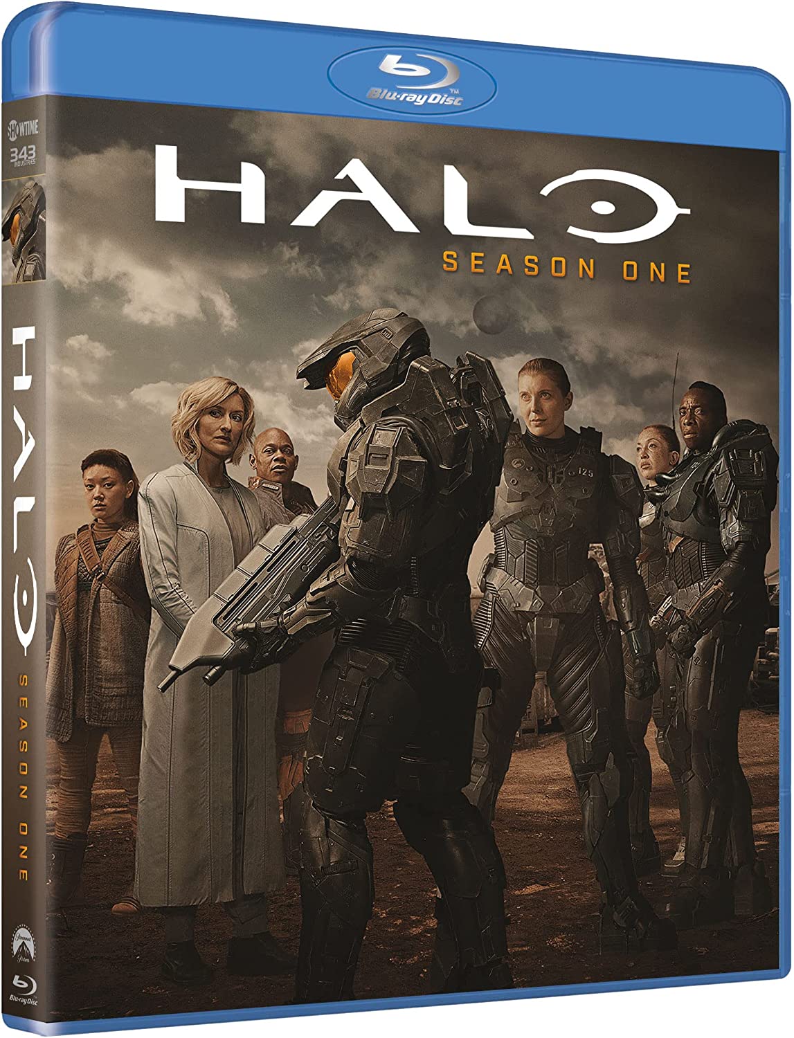 The image shows the back cover of a Blu-ray disc case. Alt text: Blu-ray case back cover with Halo TV series images and barcode.