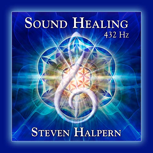 CD cover for "Sound Healing 432 Hz" by Steven Halpern, blue and white.