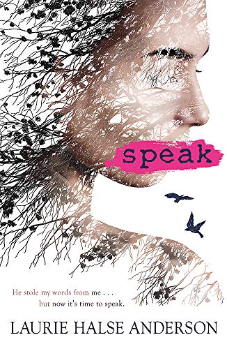 Book cover: girl’s profile with branching tree imagery and pink title “speak”.