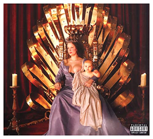 Halsey with a baby on a golden throne, red curtains in background.