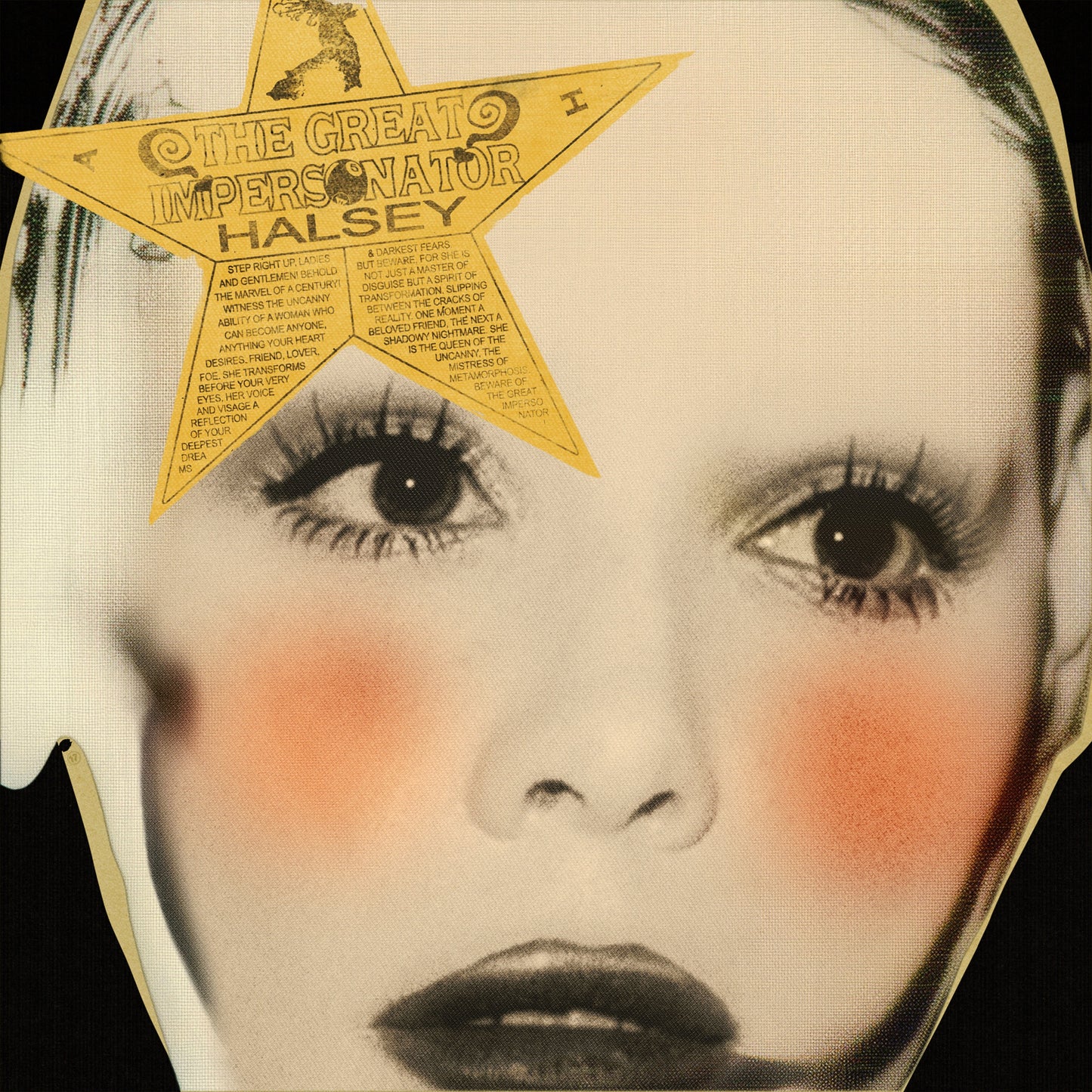 Close-up of a woman's face with a gold star on her forehead.