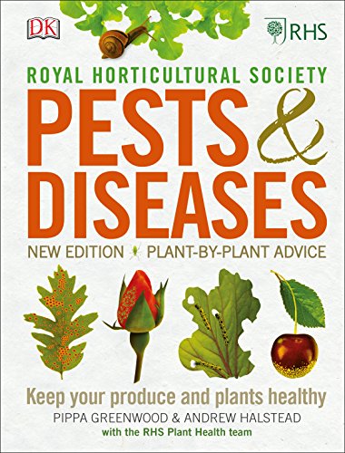 Book cover: "RHS Pests & Diseases" with plant and insect illustrations.