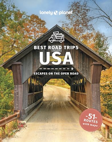 Lonely Planet road trip guide cover featuring a covered bridge and vehicle icon.