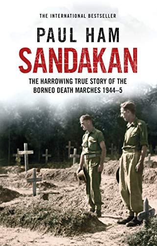 Book cover: "Sandakan" depicting two soldiers near wooden crosses.