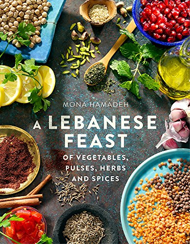 Cookbook cover with vibrant arrangement of vegetables, spices, and the title "A Lebanese Feast".