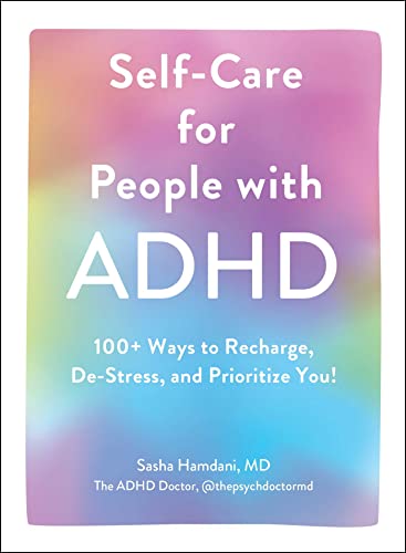 Book cover with colorful watercolor background and white text: "Self-Care for People with ADHD.