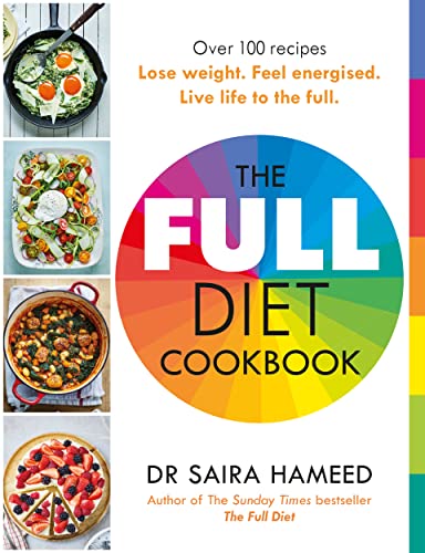 Cookbook cover with colorful circle, food photos, and title "The Full Diet Cookbook".
