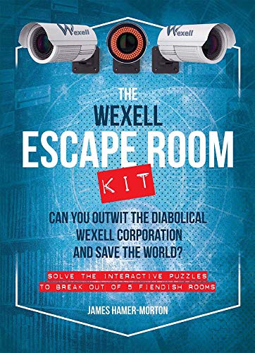 Escape Room Kit cover with security cameras, text, and blue grid background.