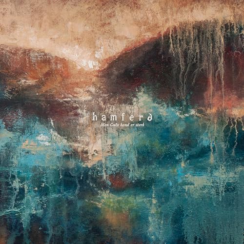Abstract oil painting featuring textured blue, brown, and white colors with central band text.
