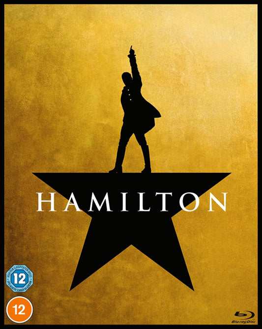 Hamilton Blu-ray cover with a silhouetted figure against a yellow background.