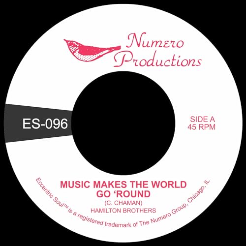 Red and white 45 RPM record label with text and a bird illustration.