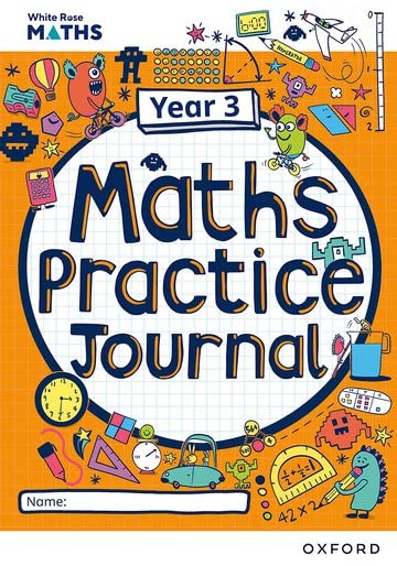 Orange Year 3 Maths Practice Journal workbook cover with cartoon doodles and grid background.