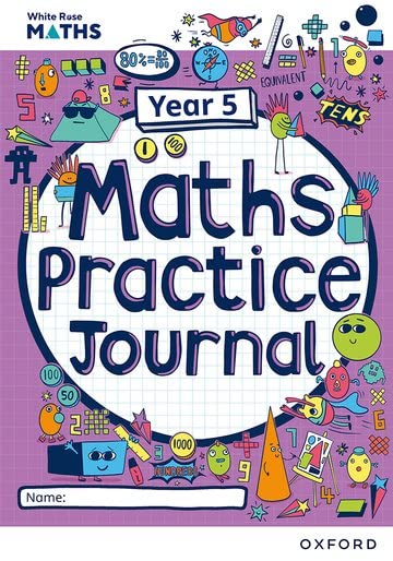 White Rose Maths Year 5 practice journal workbook cover with colorful cartoon math doodles.