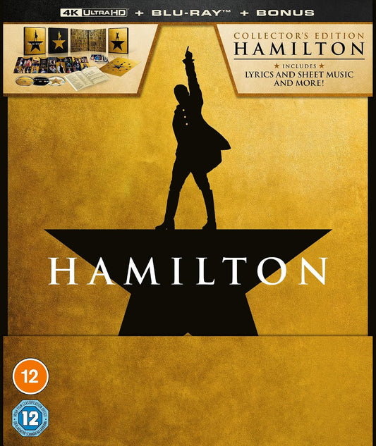 “Hamilton” Blu-ray cover featuring silhouette of Alexander Hamilton against a yellow background.