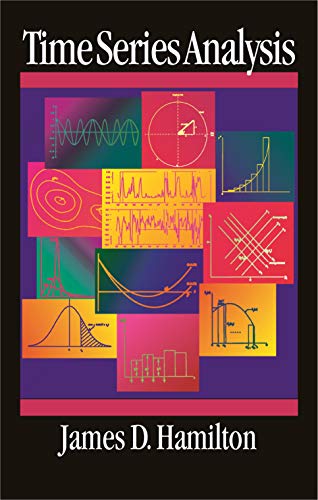 Book cover titled Time Series Analysis by James D. Hamilton featuring various mathematical graphs.
