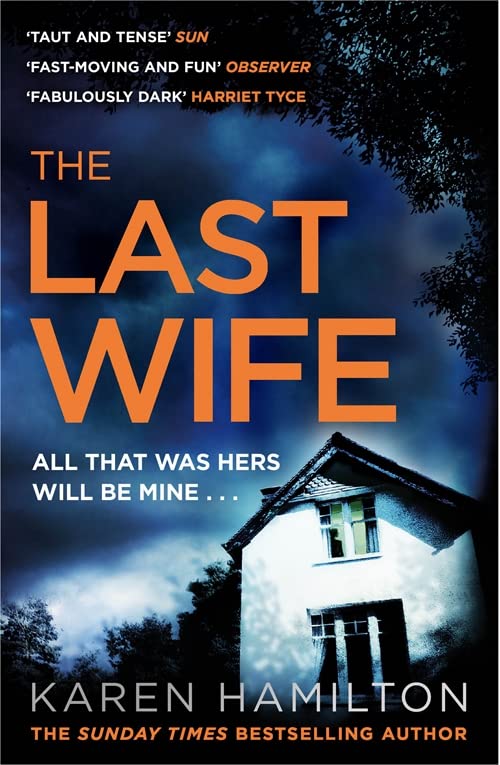 Book cover: “The Last Wife” with a dark house and stormy sky.