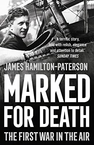 Book cover: pilot portrait with vintage biplane, title "Marked for Death".
