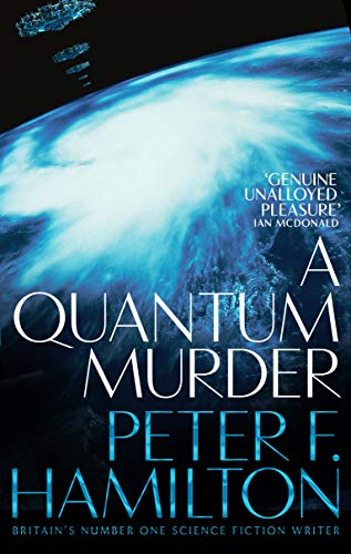 Book cover: "A Quantum Murder" by Peter F. Hamilton, with space imagery.