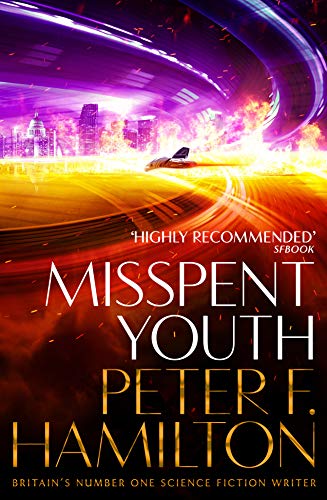 Book cover: “Misspent Youth” depicts a futuristic cityscape with a speeding vehicle.