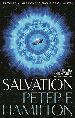 Book cover: “Salvation” by Peter F. Hamilton, spaceship in a blue vortex.
