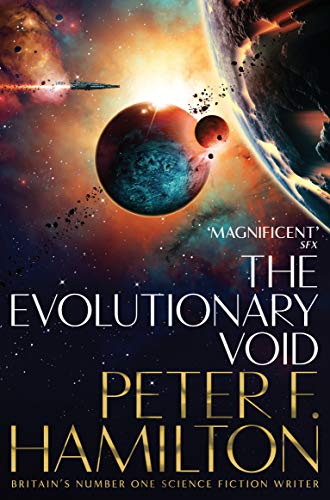Sci-fi book cover: planets, spacecraft, and title "The Evolutionary Void".